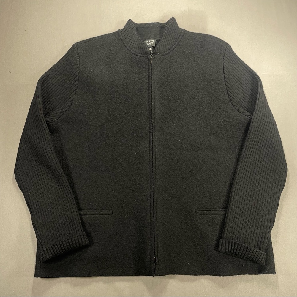 Eileen Fisher Boiled Wool Varsity Jacket w/ Ribbed Sweater Sleeves - Womens L